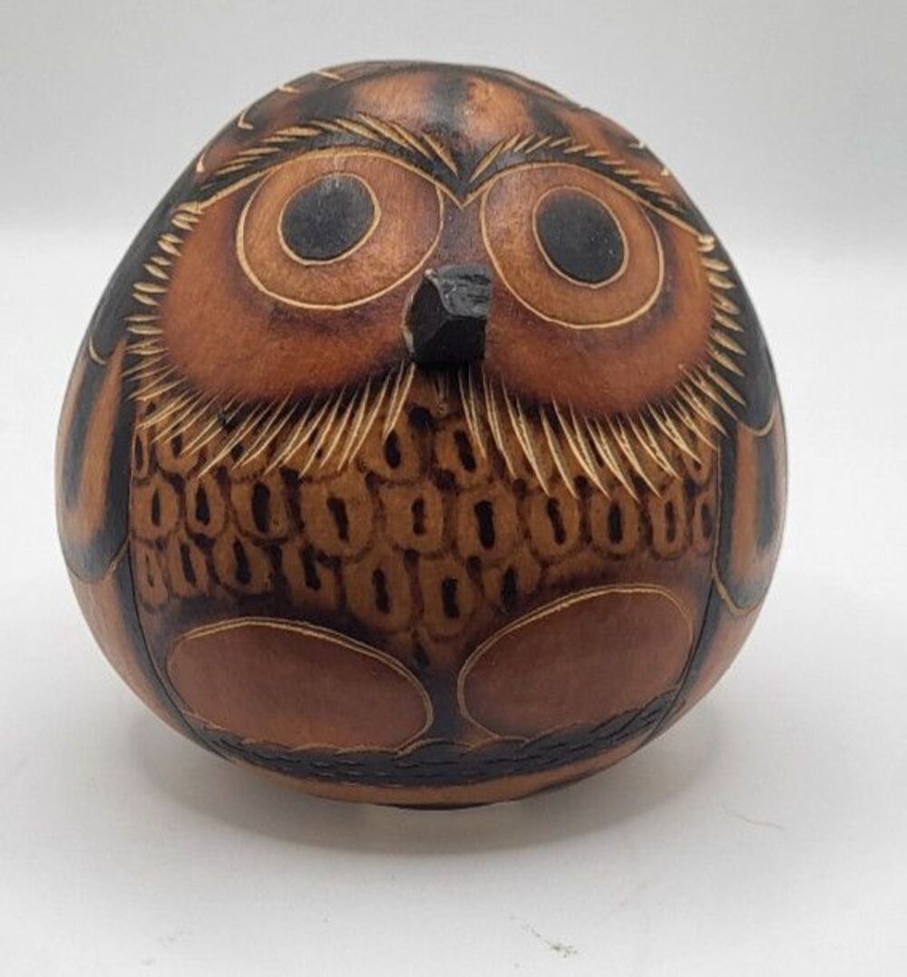 Handmade Peruvian Gourd Owl Sculpture Rustic Autumn Fall Home Decor Ornament 4in